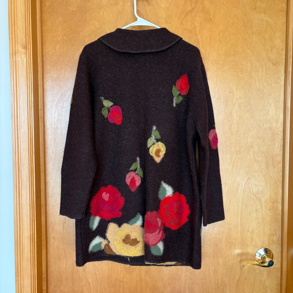 Susan Bristol Cardigan Sweater Women XL Brown Wool Hand Embroidered Floral Long - Picture 2 of 7